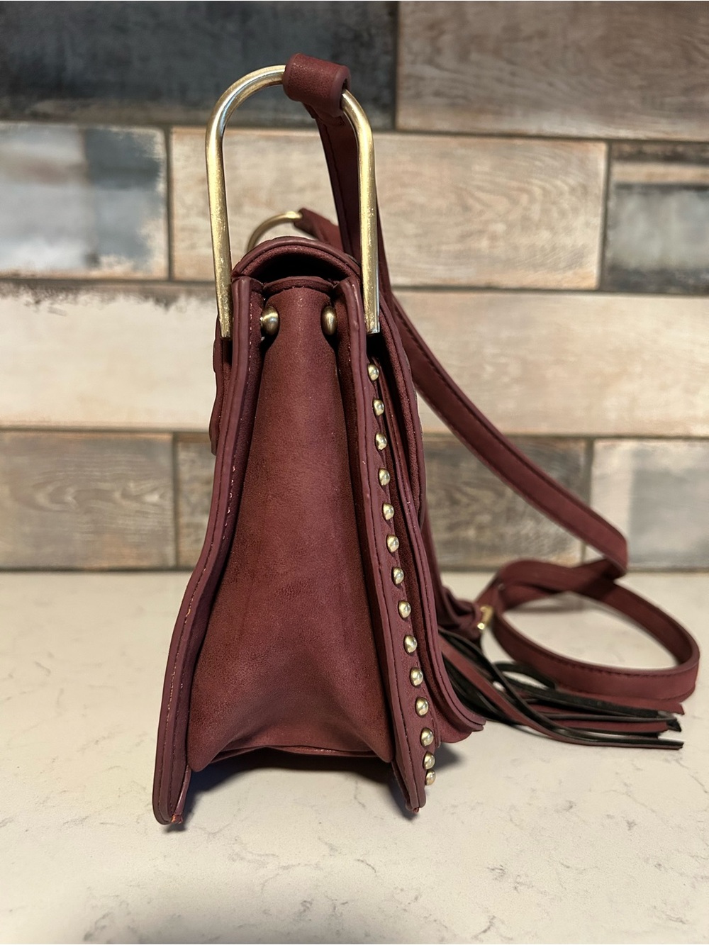 Like New Francesca’s Burgundy Woven Tassel Studded Crossbody Bag - Picture 4 of 14